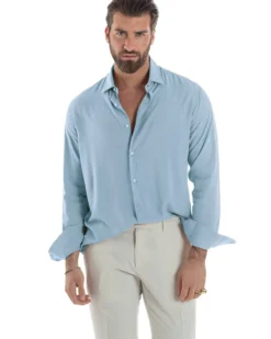 Camicia uomo viscosa morbida collo francese sartoriale relaxed fit celeste GIOSAL-C3067A