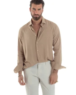 Camicia Uomo Viscosa Morbida Collo Francese Sartoriale Relaxed Fit Beige C2925A