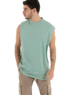 Canotta Uomo Basic Giromanica Lunga Casual Tinta Unita Verde Acqua Girocollo GIOSAL-CN1077A