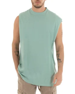 Canotta Uomo Basic Giromanica Lunga Casual Tinta Unita Verde Acqua Girocollo GIOSAL-CN1077A