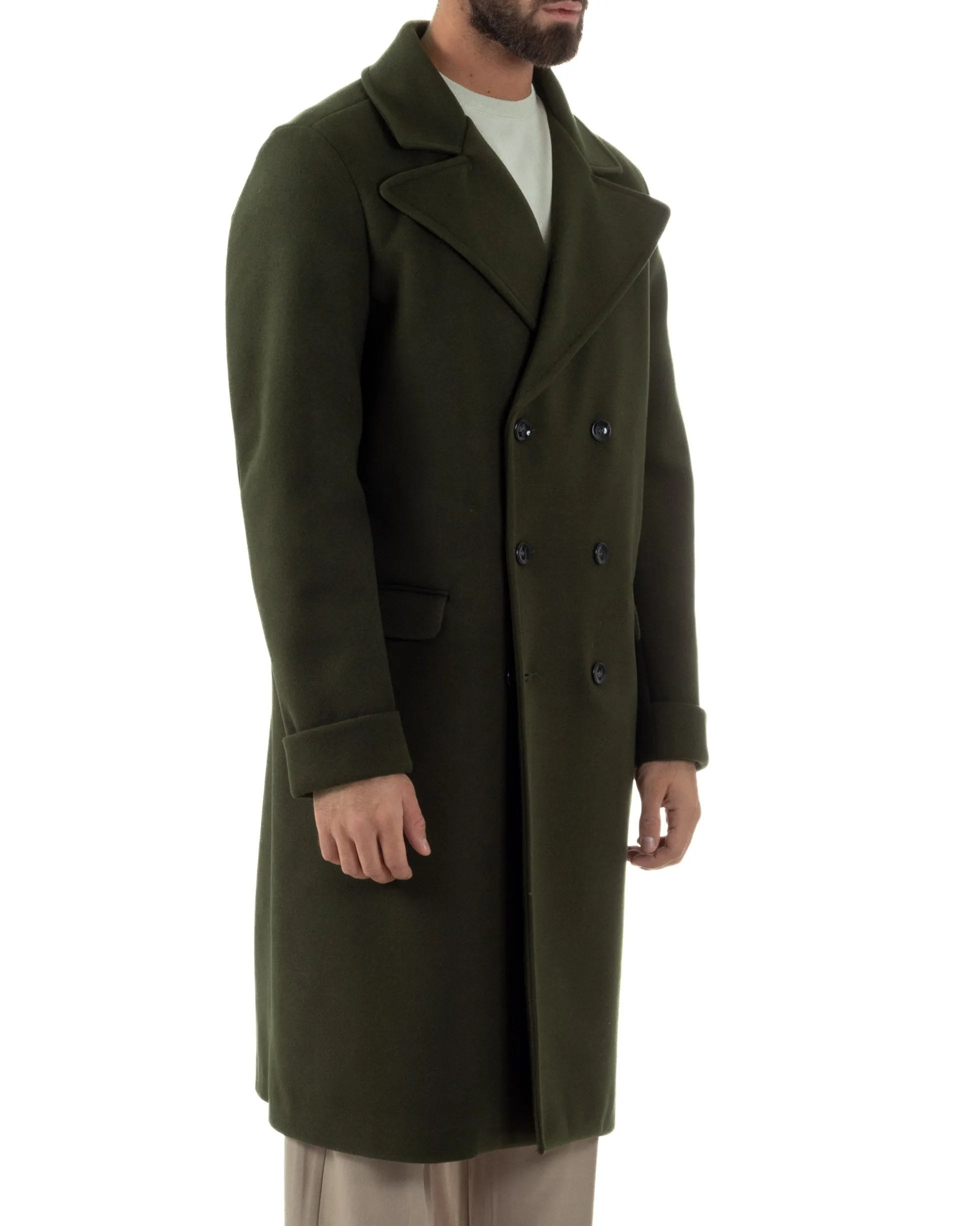 Cappotto Doppiopetto Uomo Oversize Giaccone Lungo Revers Ampi Verde CO1095A