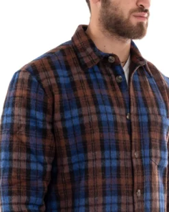 Cappotto Giubbotto Uomo Camicia Camicione Con Colletto Casual Fantasia A Quadri Blu GIOSAL-G2923A