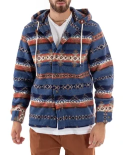 Cappotto Giubbotto Uomo Camicia Camicione Con Cappuccio Casual Fantasia Blu GIOSAL-G2924A