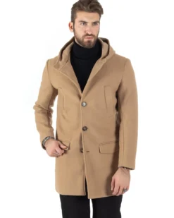 Cappotto Monopetto Uomo Giacca Giaccone Con Cappuccio Camel Baronetto Elegante GIOSAL-CO1006A