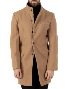 Cappotto Monopetto Uomo Giacca Collo Coreano Giaccone Lungo Camel Baronetto Elegante GIOSAL-CO1015A