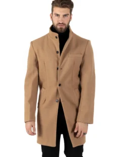 Cappotto Monopetto Uomo Giacca Collo Coreano Giaccone Lungo Camel Baronetto Elegante GIOSAL-CO1015A