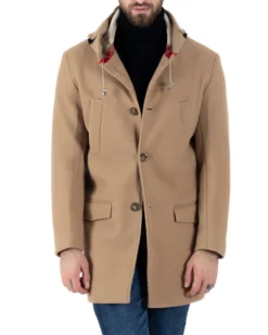 Cappotto Monopetto Uomo Giacca Giaccone Con Cappuccio In Lana Camel Baronetto Elegante GIOSAL-CO1030A