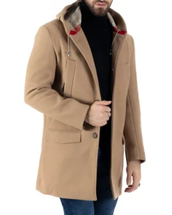 Cappotto Monopetto Uomo Giacca Giaccone Con Cappuccio In Lana Camel Baronetto Elegante GIOSAL-CO1030A