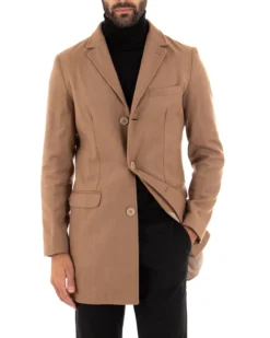 Cappotto Monopetto Uomo Giacca Colletto Rever Giaccone Tinta Unita Camel Baronetto Elegante GIOSAL-CO1022A