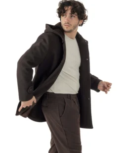 Cappotto Uomo Cappuccio Monopetto Tinta Unita Marrone CO1106A