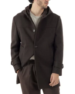 Cappotto Uomo Cappuccio Monopetto Tinta Unita Marrone CO1106A