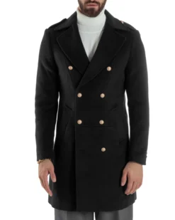 Cappotto Uomo Doppiopetto Lungo Revers A Lancia Tessuto Panno Bottoni Oro Nero CO1079A