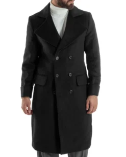 Cappotto Uomo Doppiopetto Lungo Revers A Lancia Tessuto Panno Tinta Unita Nero CO1085A