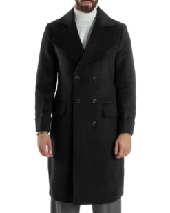 Cappotto Uomo Doppiopetto Lungo Revers A Lancia Tessuto Panno Tinta Unita Nero CO1085A