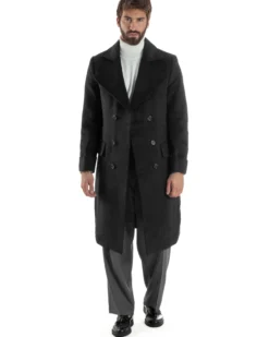 Cappotto Uomo Doppiopetto Lungo Revers A Lancia Tessuto Panno Tinta Unita Nero CO1085A