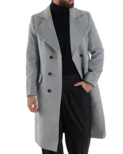 Cappotto Uomo Doppiopetto Lungo Revers A Lancia Tessuto Panno Tinta Unita Grigio CO1084A
