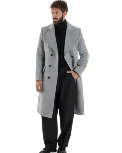 Cappotto Uomo Doppiopetto Lungo Revers A Lancia Tessuto Panno Tinta Unita Grigio CO1084A