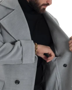 Cappotto Uomo Doppiopetto Lungo Revers A Lancia Tessuto Panno Tinta Unita Grigio CO1084A
