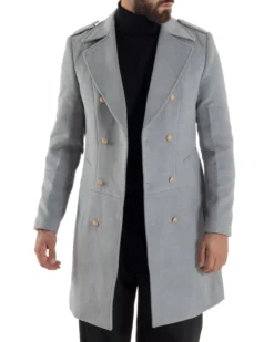 Cappotto Uomo Doppiopetto Lungo Revers A Lancia Tessuto Panno Bottoni Oro Grigio CO1078A