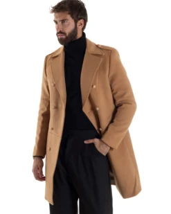 Cappotto Uomo Doppiopetto Lungo Revers A Lancia Tessuto Panno Bottoni Oro Camel CO1080A