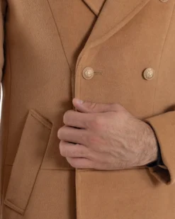 Cappotto Uomo Doppiopetto Lungo Revers A Lancia Tessuto Panno Bottoni Oro Camel CO1080A