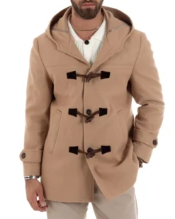 Cappotto Uomo Lana Montgomery Con Alamari E Cappuccio Camel CO1041A