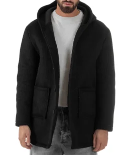 Cappotto Uomo Monopetto Cappuccio Maglia A Coste Nero CO1098A