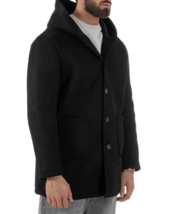 Cappotto Uomo Monopetto Cappuccio Maglia A Coste Nero CO1098A