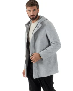 Cappotto Uomo Panno Spigato Cappuccio Zip Grigio BlackSunday CO1092A