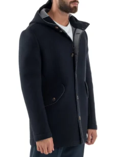 Cappotto Uomo Parka Lungo Cappuccio Tessuto Scuba Lana Blu Over-D OC1F2W5J35