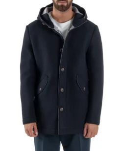 Cappotto Uomo Parka Lungo Cappuccio Tessuto Scuba Lana Blu Over-D OC1F2W5J35