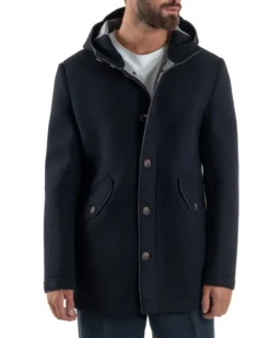 Cappotto Uomo Parka Lungo Cappuccio Tessuto Scuba Lana Blu Over-D OC1F2W5J35