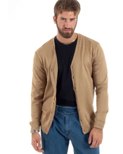 Cardigan Maglia Sottile Scollo a V Basic Beige M2952A
