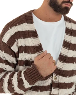 Cardigan Uomo Bicolore Maglia Over Scollo V Rotture Marrone Berna M-252010
