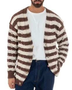 Cardigan Uomo Bicolore Maglia Over Scollo V Rotture Marrone Berna M-252010