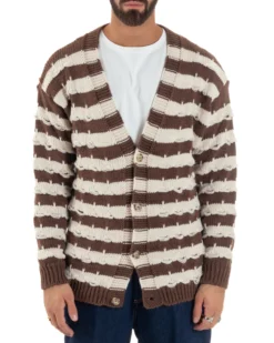 Cardigan Uomo Bicolore Maglia Over Scollo V Rotture Marrone Berna M-252010