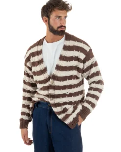 Cardigan Uomo Bicolore Maglia Over Scollo V Rotture Marrone Berna M-252010