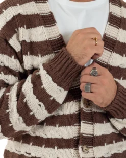 Cardigan Uomo Bicolore Maglia Over Scollo V Rotture Marrone Berna M-252010