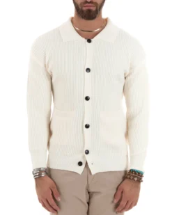 Cardigan Uomo Con Bottoni Maglioncino Con Colletto Polo Maniche Lunghe Tinta Unita Panna GIOSAL-M2947A