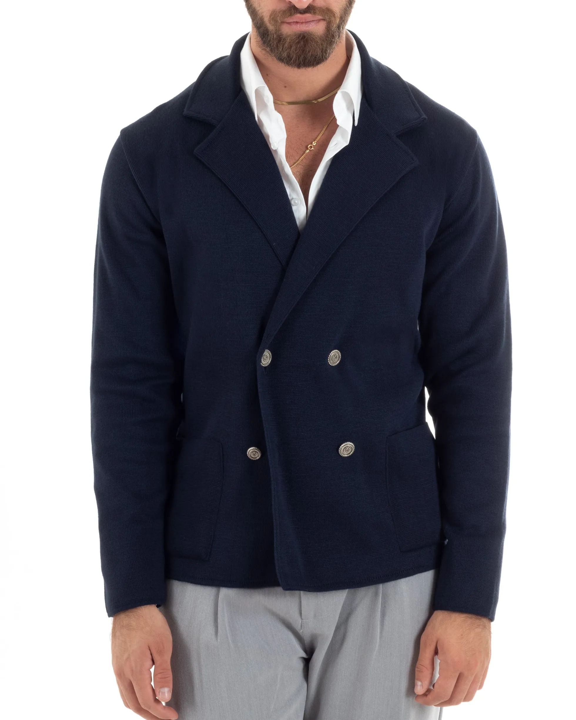 Cardigan uomo doppiopetto giacca bottoni metallo maglia links cotone blu GIOSAL-M2989A