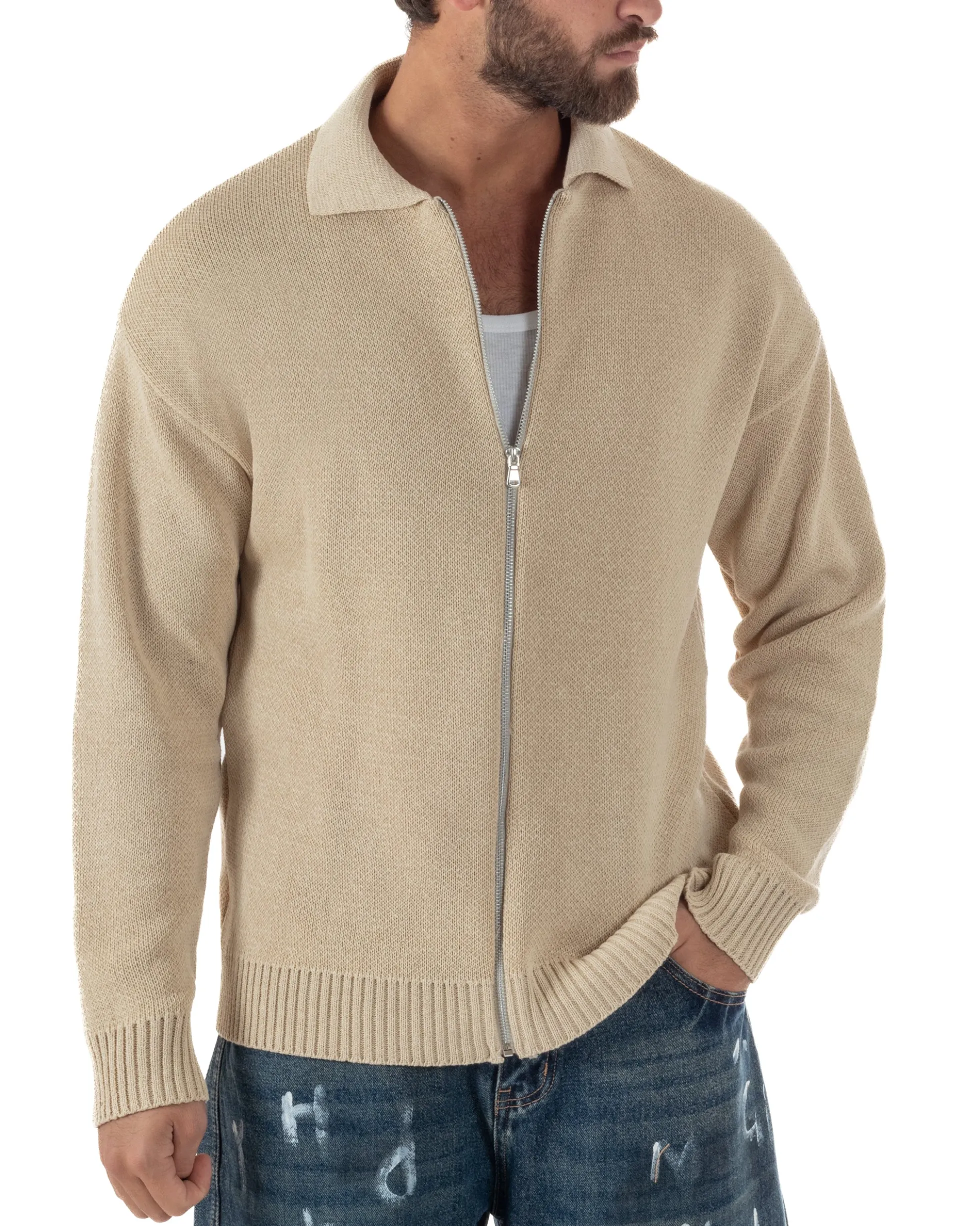 Cardigan uomo filo maglia colletto full zip spalle scese beige GIOSAL-M3094A
