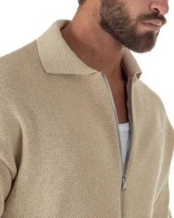 Cardigan uomo filo maglia colletto full zip spalle scese beige GIOSAL-M3094A