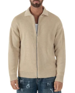 Cardigan uomo filo maglia colletto full zip spalle scese beige GIOSAL-M3094A