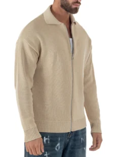 Cardigan uomo filo maglia colletto full zip spalle scese beige GIOSAL-M3094A