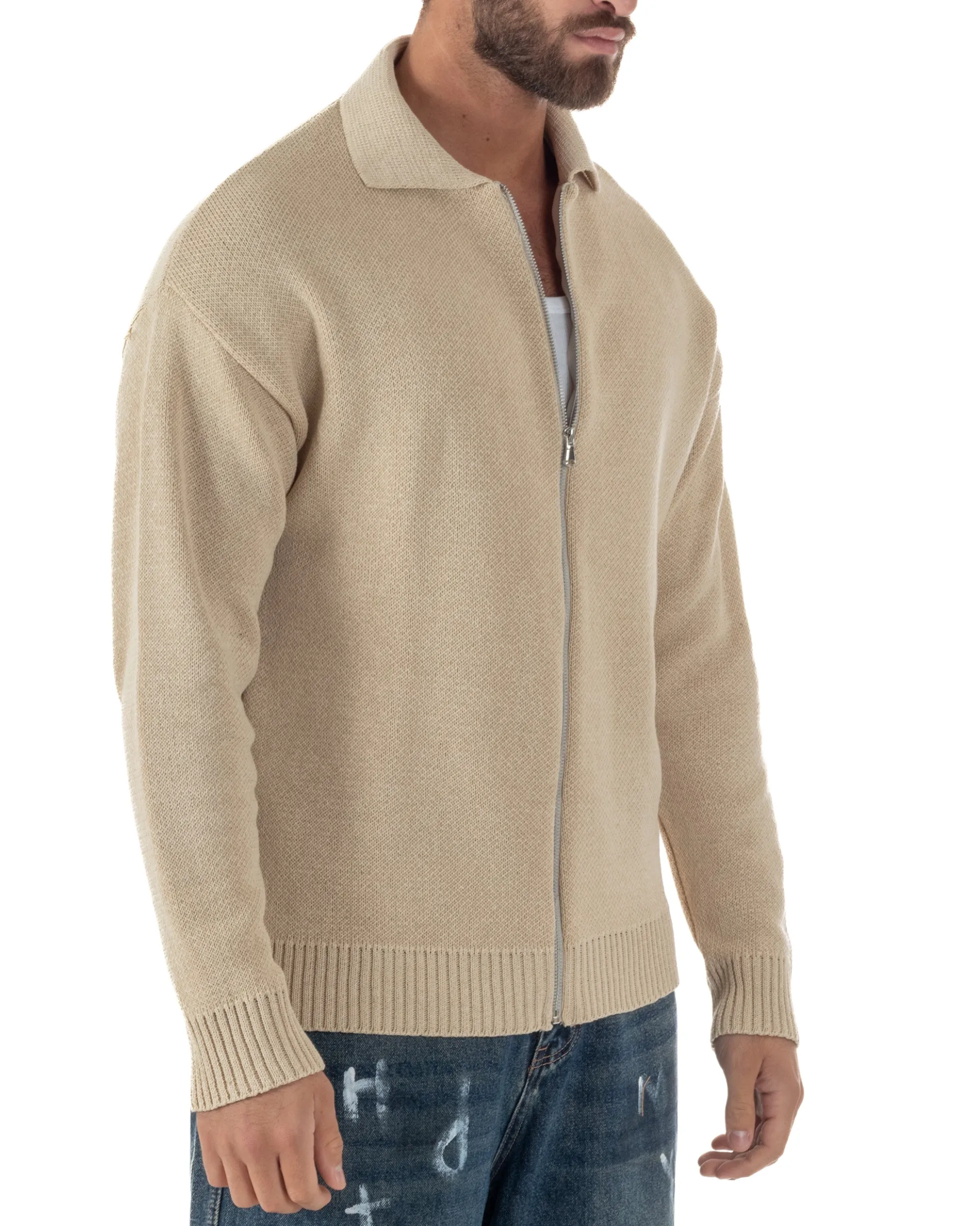 Cardigan uomo filo maglia colletto full zip spalle scese beige GIOSAL-M3094A