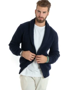 Cardigan uomo giacca bottoni maglia tasche toppa maglioncino collo scialle casual blu GIOSAL-M2736A
