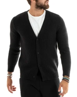 Cardigan Uomo Giacca Con Bottoni Maglioncino Scollo V Maglia Inglese Nero GIOSAL-M2694A
