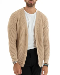Cardigan Uomo Giacca Con Bottoni Maglioncino Scollo V Maglia Inglese Beige GIOSAL-M2693A