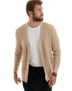 Cardigan Uomo Giacca Con Bottoni Maglioncino Scollo V Maglia Inglese Beige GIOSAL-M2693A