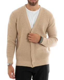 Cardigan Uomo Giacca Con Bottoni Maglioncino Scollo V Maglia Inglese Beige GIOSAL-M2693A